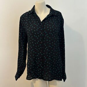 Wild Pony size Small Made in Spain 100% Viscose Teal and Black Polka Dot Blouse